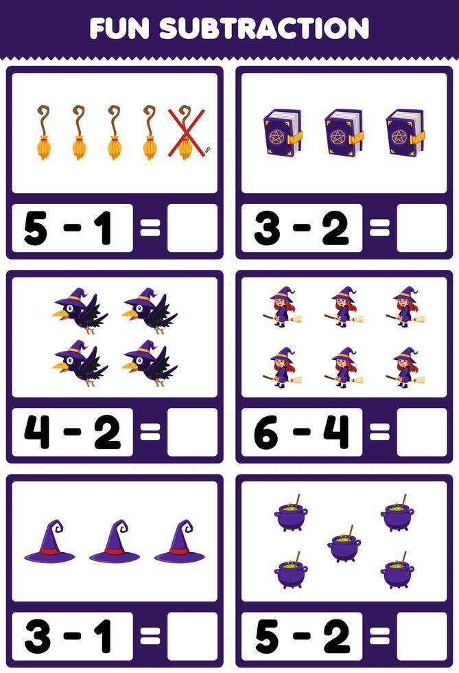 Education game for children fun subtraction by counting and eliminating cute cartoon broom book crow hat cauldron witch costume halloween printable worksheet vector