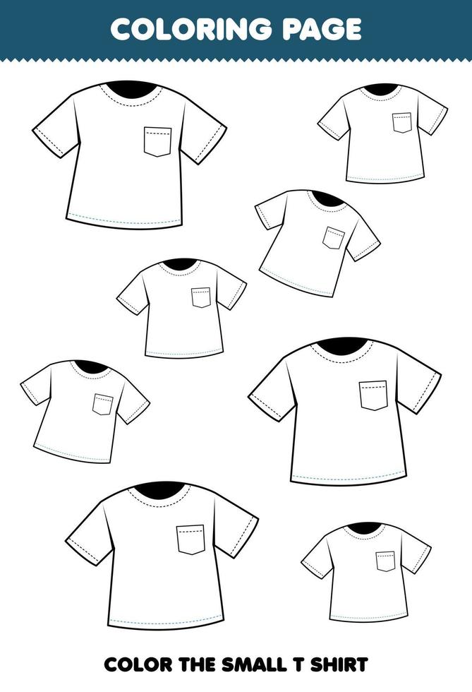 Education game for children coloring page big or small picture of wearable clothes t shirt line art printable worksheet vector