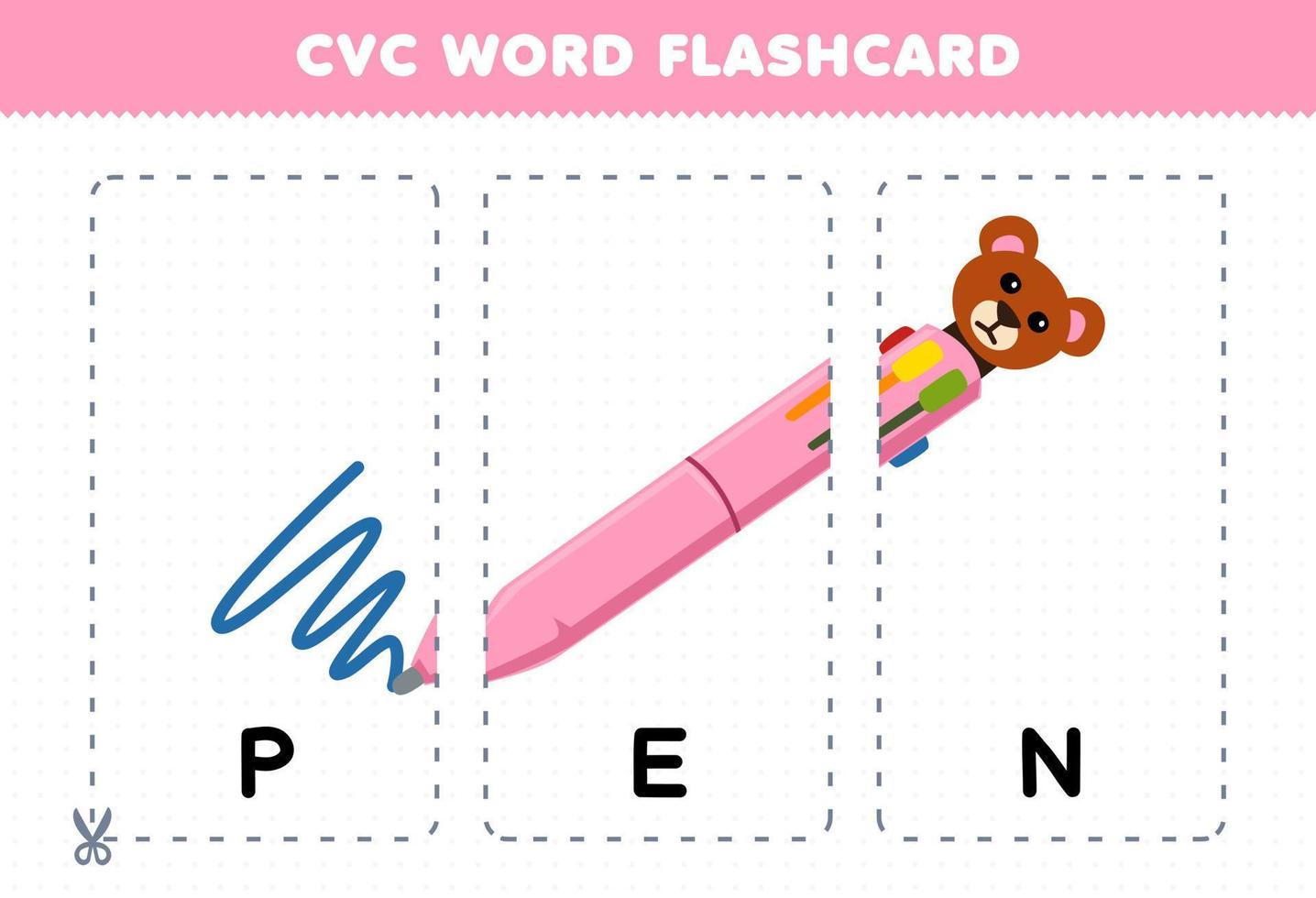 Education game for children learning consonant vowel consonant word with cute cartoon PEN illustration printable flashcard vector