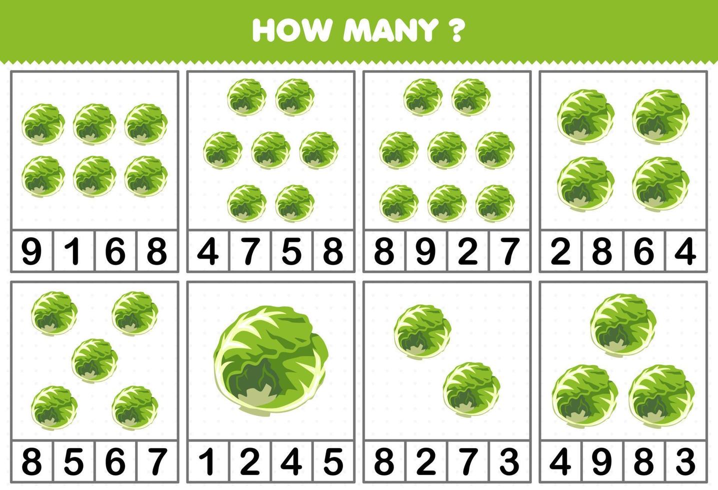 Education game for children counting how many objects in each table of cute cartoon cabbage vegetable printable worksheet vector