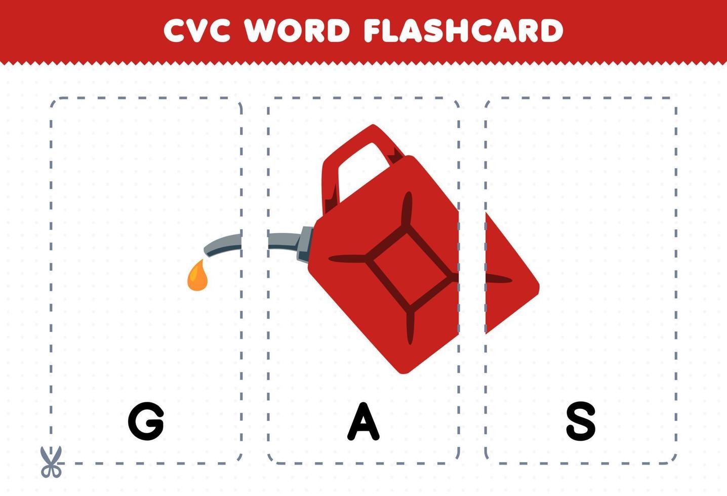 juego educativo para niños que aprenden consonante vocal consonante palabra con linda caricatura ilustración de contenedor de combustible de gas tarjeta flash imprimible vector