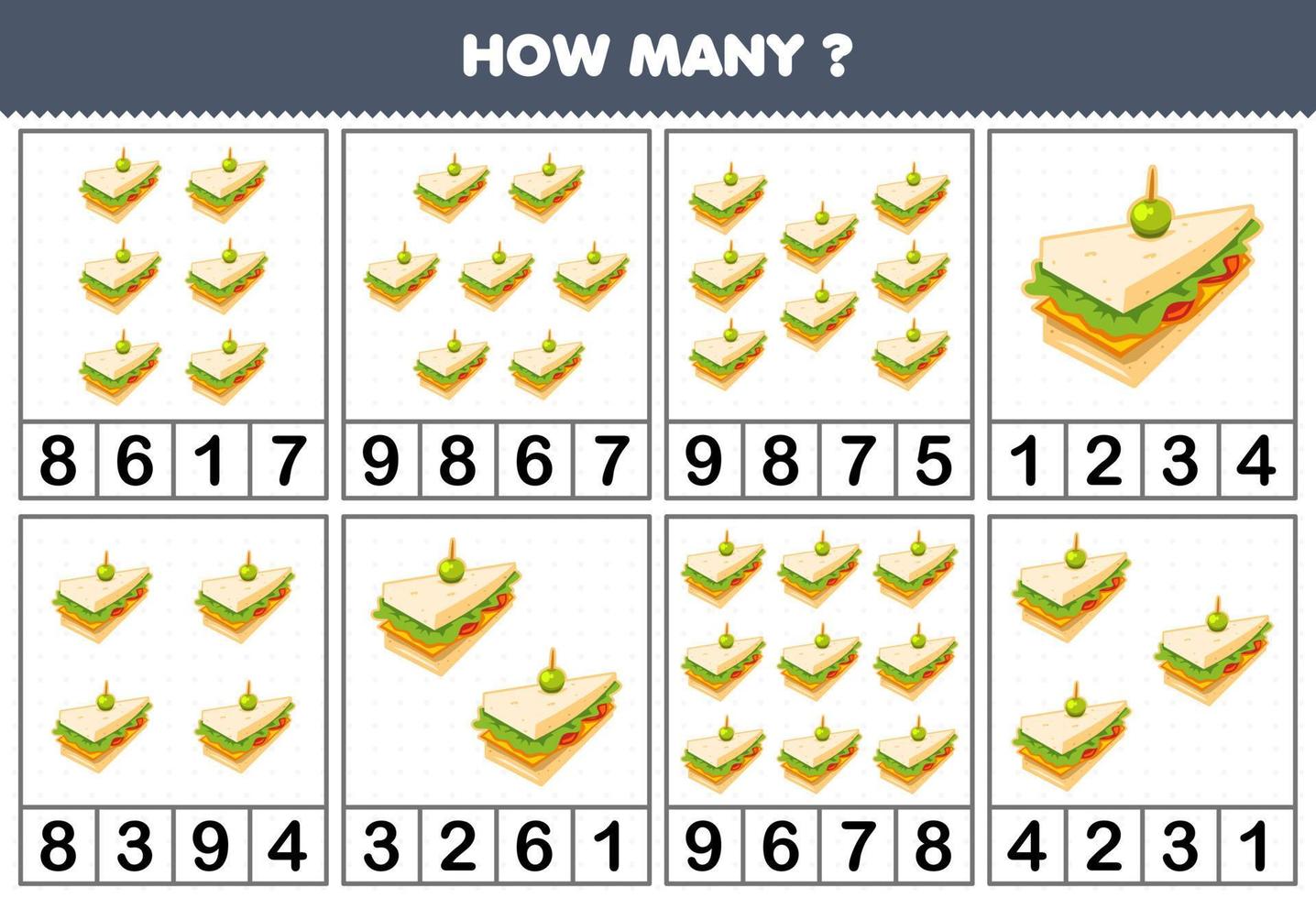 Education game for children counting how many objects in each table of cute cartoon sandwich printable worksheet vector