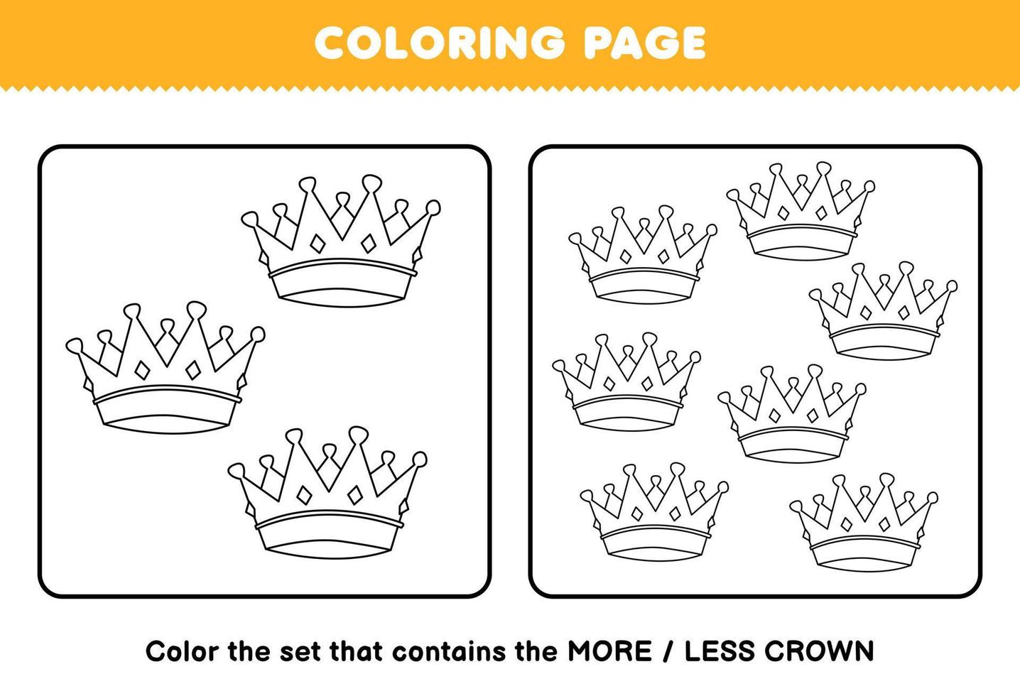 Education game for children coloring page more or less picture of cute cartoon wearable accessories crown line art set printable worksheet vector