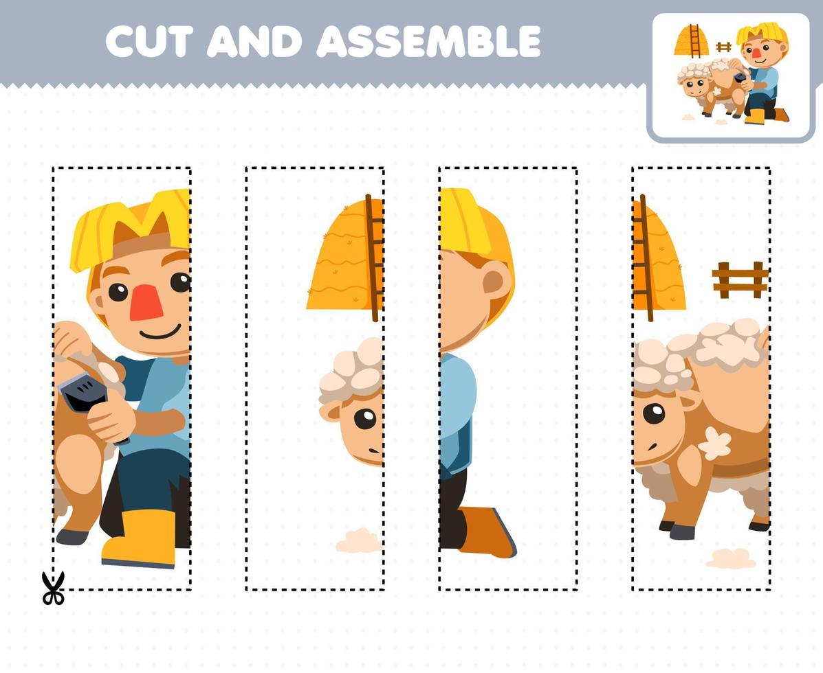 Education game for children cutting practice and assemble puzzle with cute cartoon farmer shears sheep farm printable worksheet vector