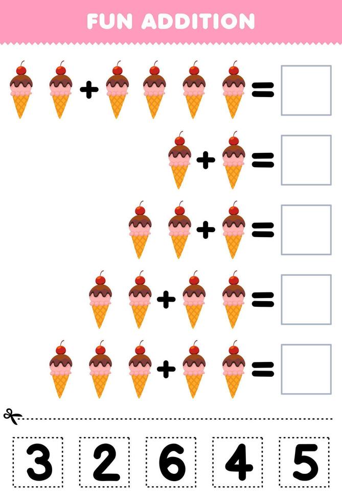 Education game for children fun addition by cut and match correct number for cartoon food ice cream printable worksheet vector