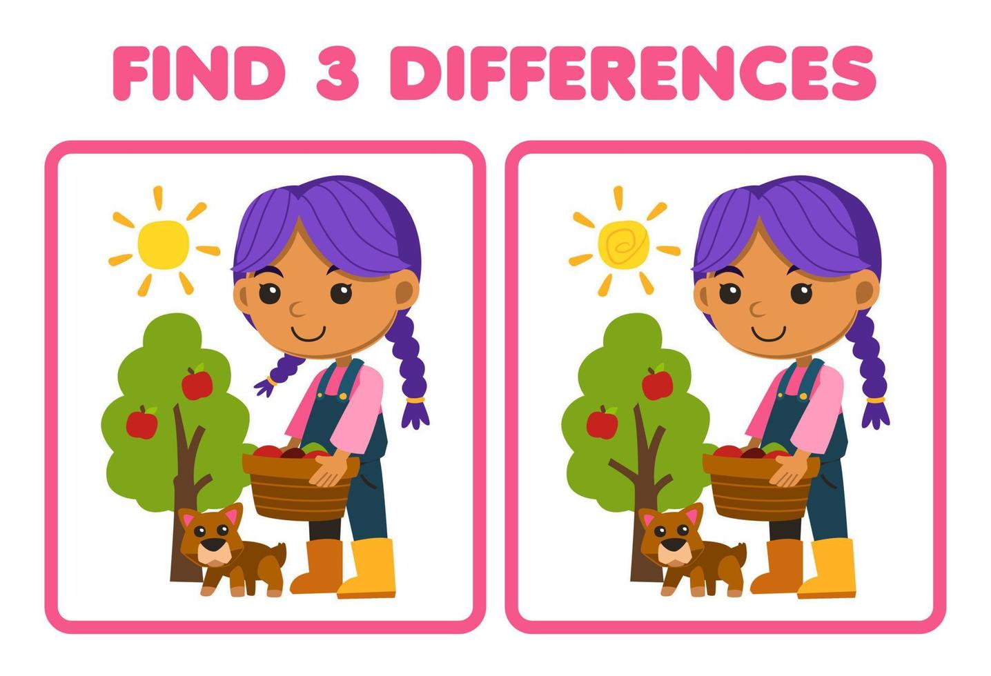 juego educativo para niños encuentra tres diferencias entre dos lindos granjeros de dibujos animados que llevan una canasta de frutas al lado de una hoja de trabajo imprimible de granja de perros vector