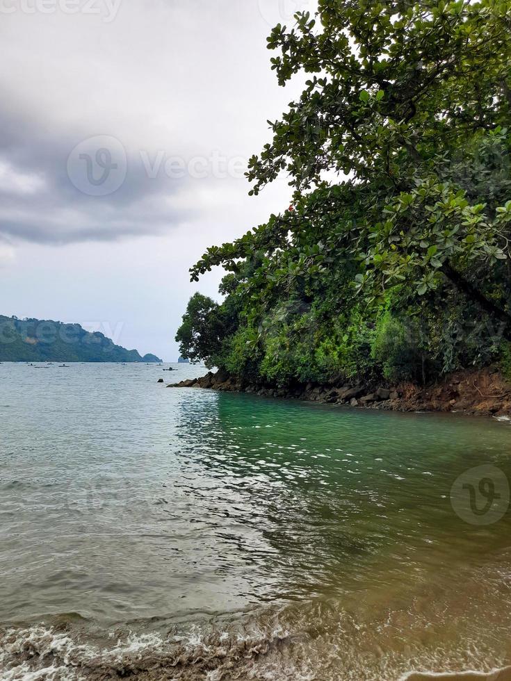 beautiful landscape portrait of clear beach water with green trees and blue sky, amazing beach view from indonesian beach photo