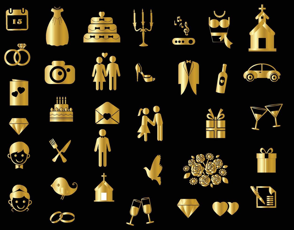 Gold wedding icons isolated on black background vector