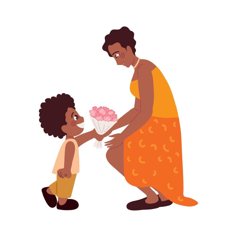 hijo dando flores a su mamá vector