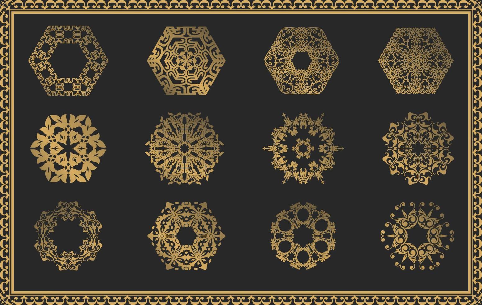 conjunto de adornos de mandala de oro en forma de polígono, adorno floral de lujo, marco vintage, bueno para el fondo, invitación de boda, afiche, medios sociales, plantilla de tarjeta de felicitación vector