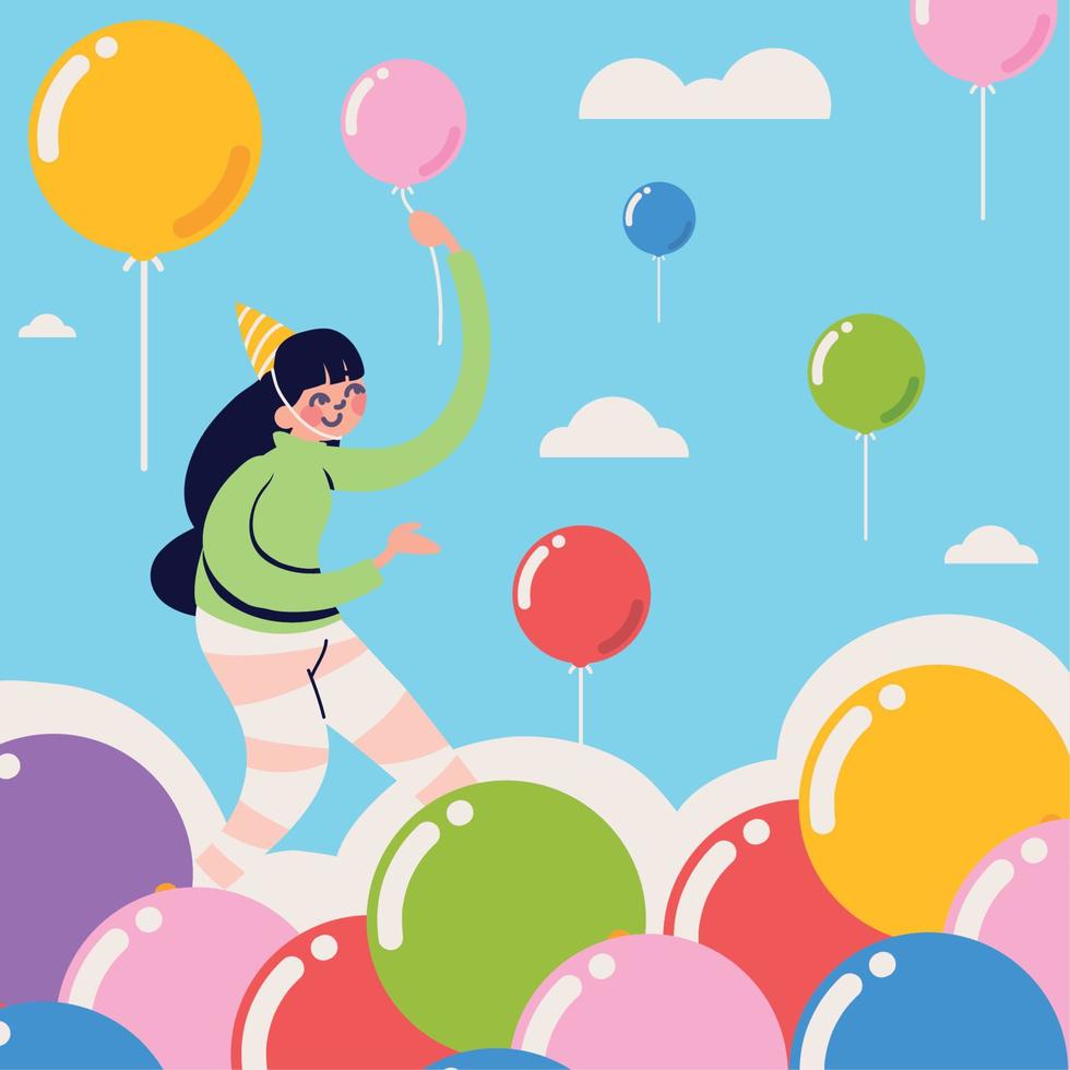 niña con globos de cumpleaños vector