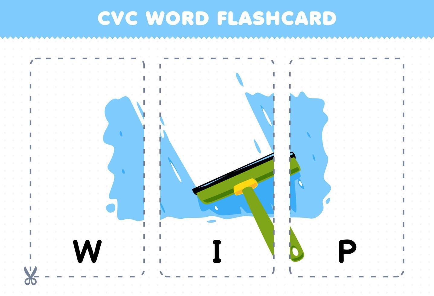 Education game for children learning consonant vowel consonant word with cute cartoon wipe puddle illustration printable flashcard vector