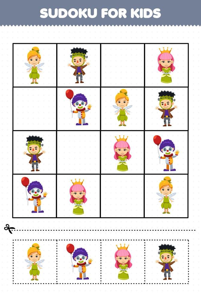 juego educativo para niños sudoku para niños con linda caricatura hada frankenstein payaso reina disfraz halloween hoja de trabajo imprimible vector