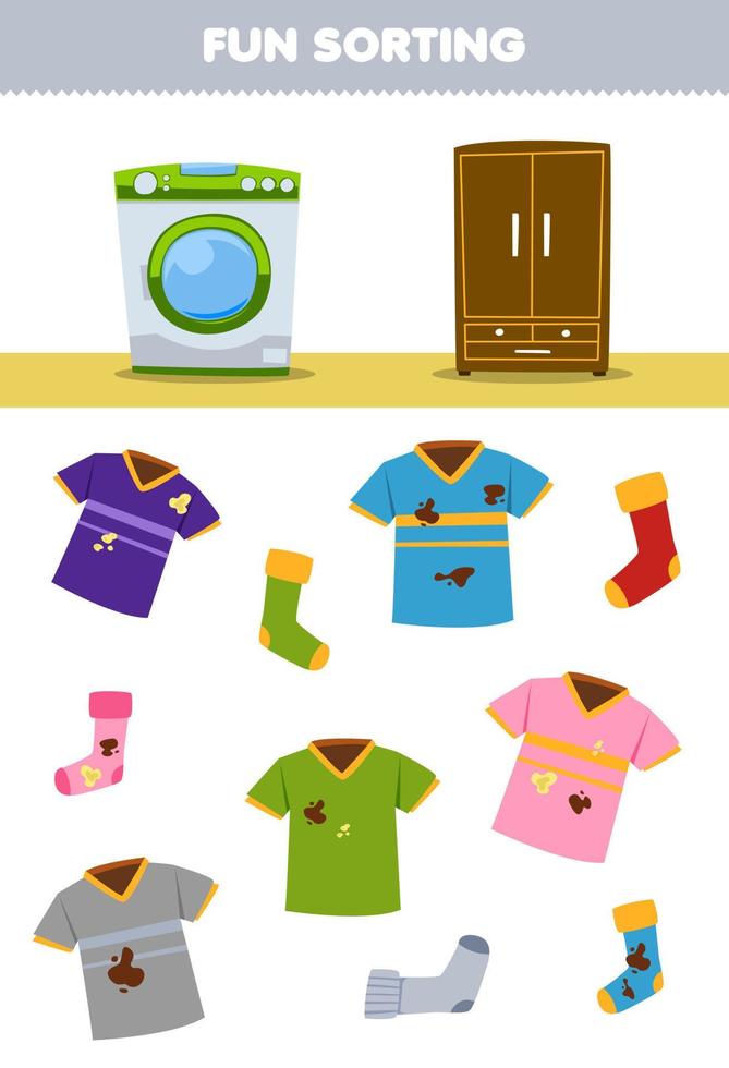 Education game for children fun sorting clean or dirty jersey shirt and sock wearable clothes to washing machine or cupboard printable worksheet vector