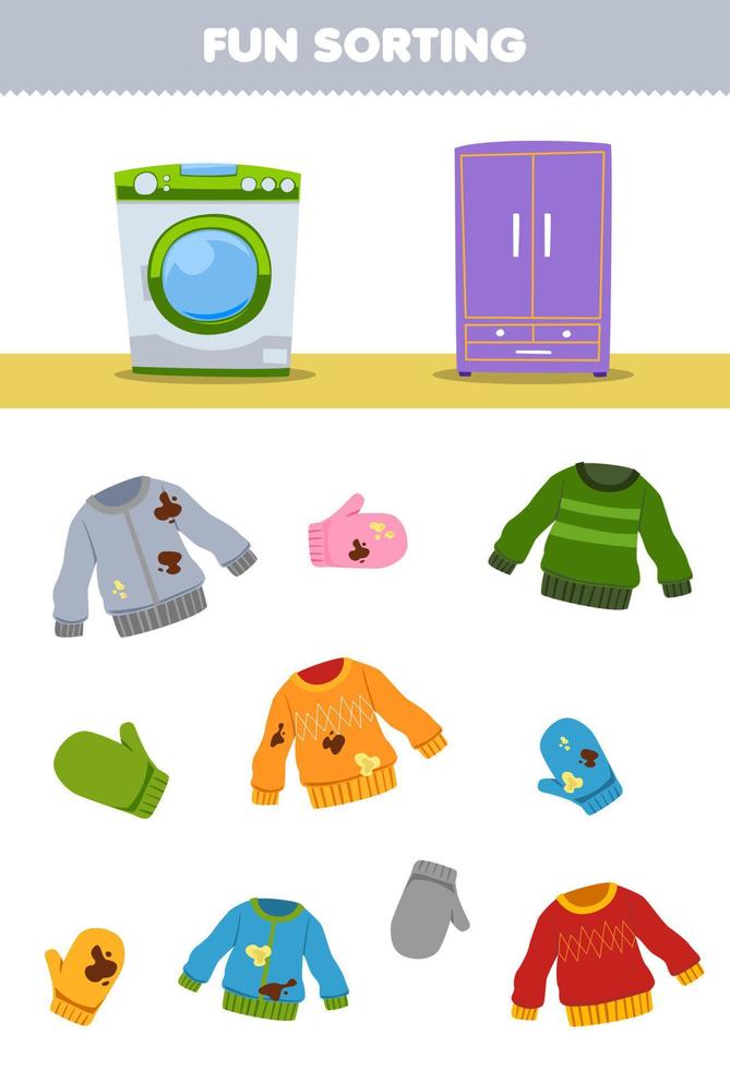 Education game for children fun sorting clean or dirty sweater and mitten wearable clothes to washing machine or cupboard printable worksheet vector