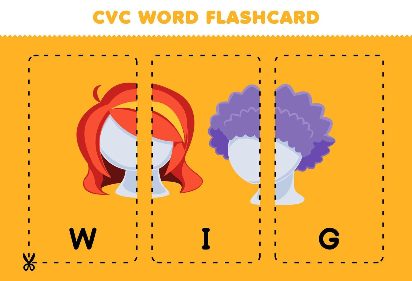 juego educativo para niños que aprenden consonante vocal consonante palabra con linda caricatura peluca peinado ilustración tarjeta flash imprimible vector