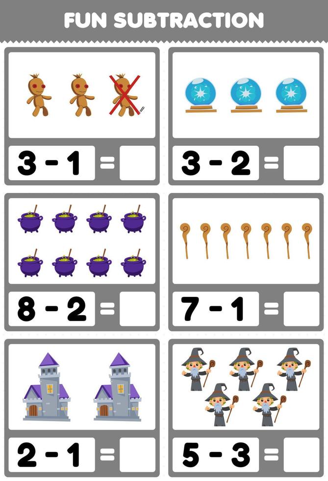 Education game for children fun subtraction by counting and eliminating cute cartoon voodoo doll magic orb cauldron staff castle wizard costume halloween printable worksheet vector
