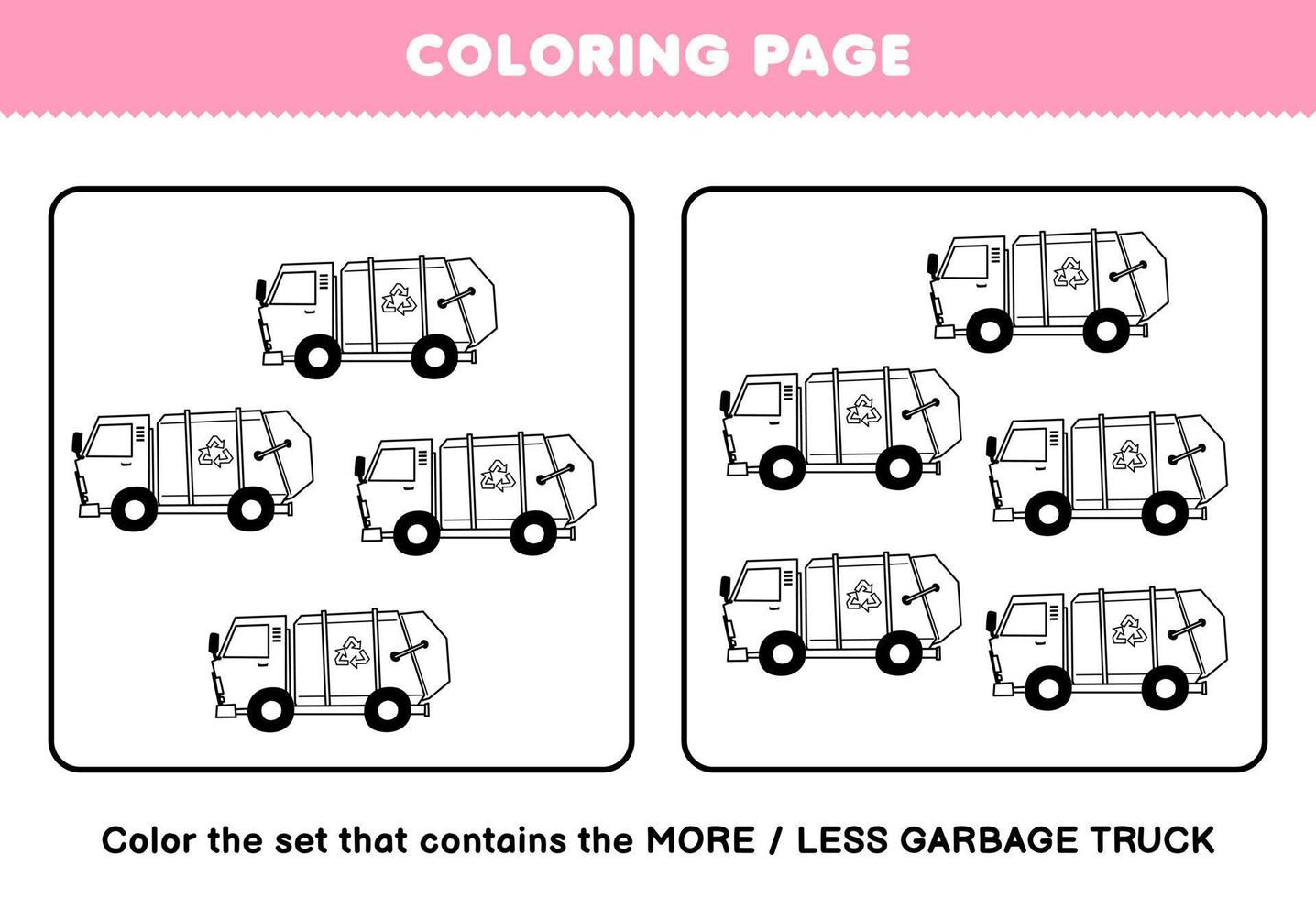 Education game for children coloring page more or less picture of cute cartoon garbage truck line art set printable transportation worksheet vector