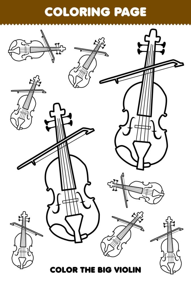 Education game for children coloring page big or small picture of music instrument violin printable worksheet vector