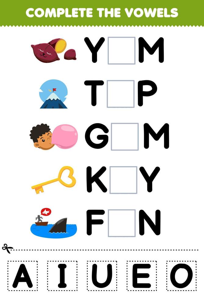 Education game for children complete the vowels of cute cartoon yam top gum  key fin illustration printable worksheet 11209541 Vector Art at Vecteezy