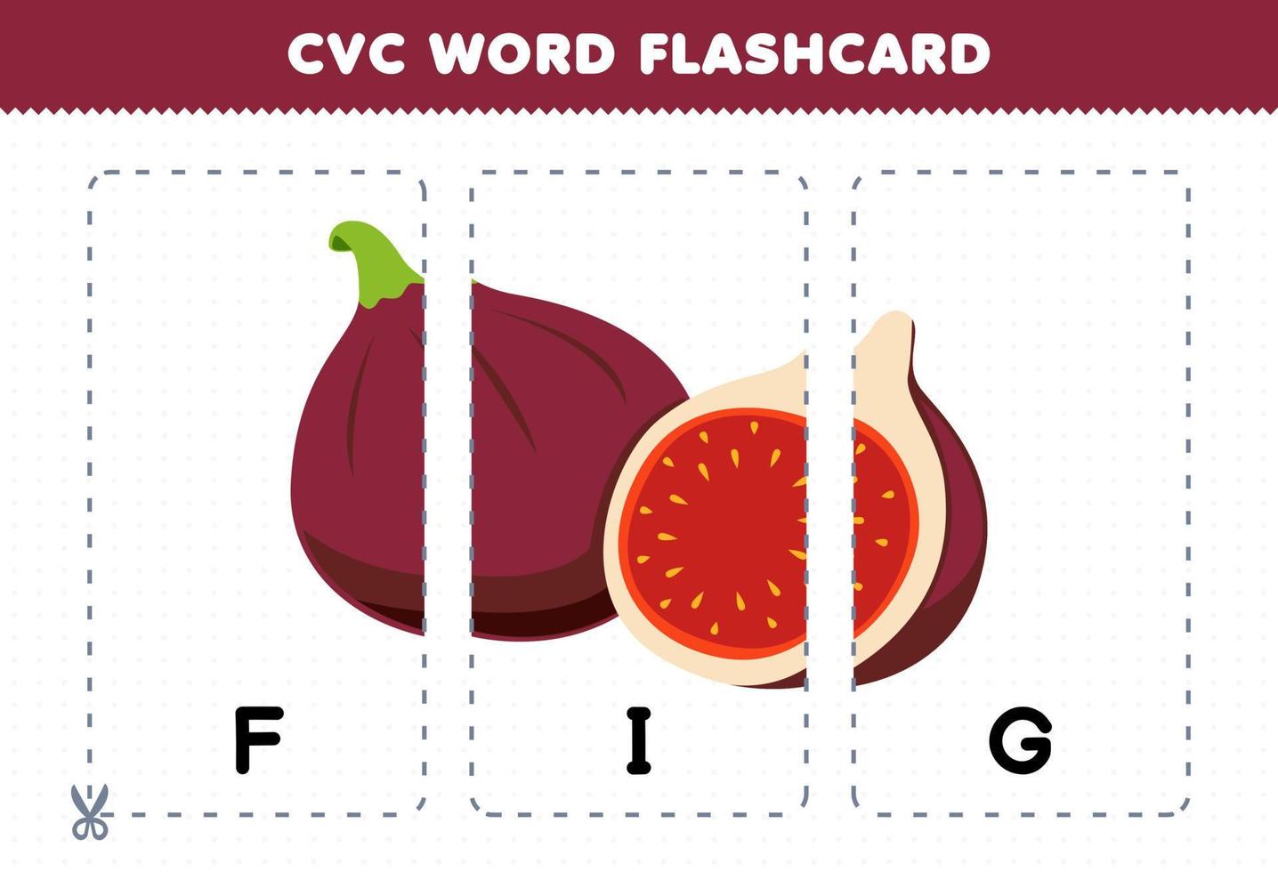 Education game for children learning consonant vowel consonant word with cute cartoon FIG fruit illustration printable flashcard vector