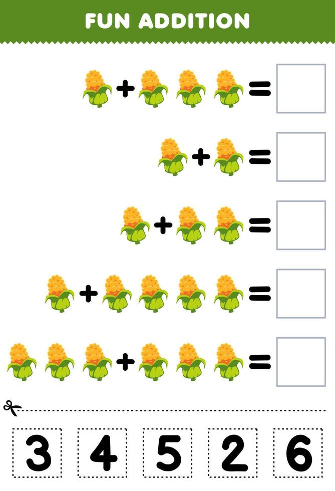 juego educativo para niños divertido además de cortar y combinar el número correcto para la hoja de trabajo imprimible de vegetales de maíz de dibujos animados vector