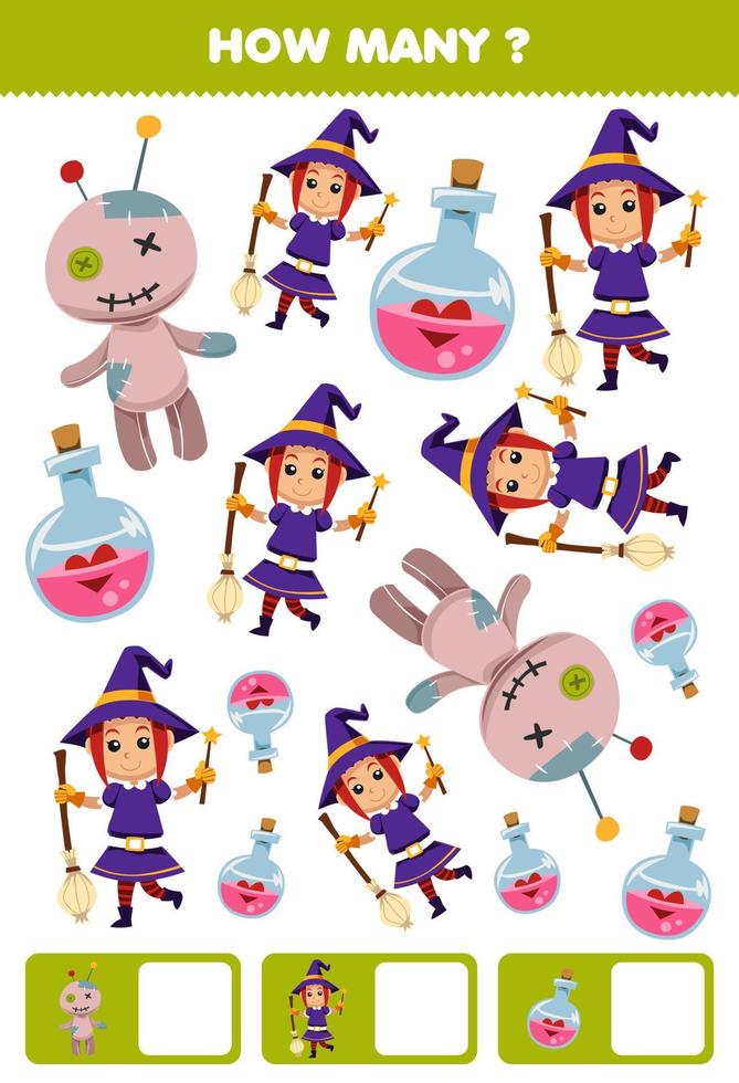 Education game for children searching and counting how many objects of cute cartoon potion bottle voodoo doll witch costume halloween printable worksheet vector