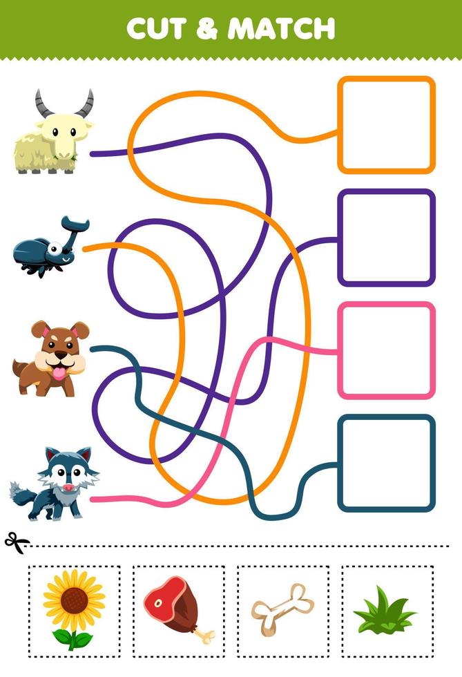 Education game for children cut and match the correct food for cute cartoon goat beetle dog wolf printable worksheet vector