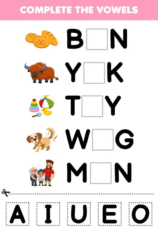 Education game for children complete the vowels of cute cartoon bun yak toy  wag men illustration printable worksheet 11209714 Vector Art at Vecteezy