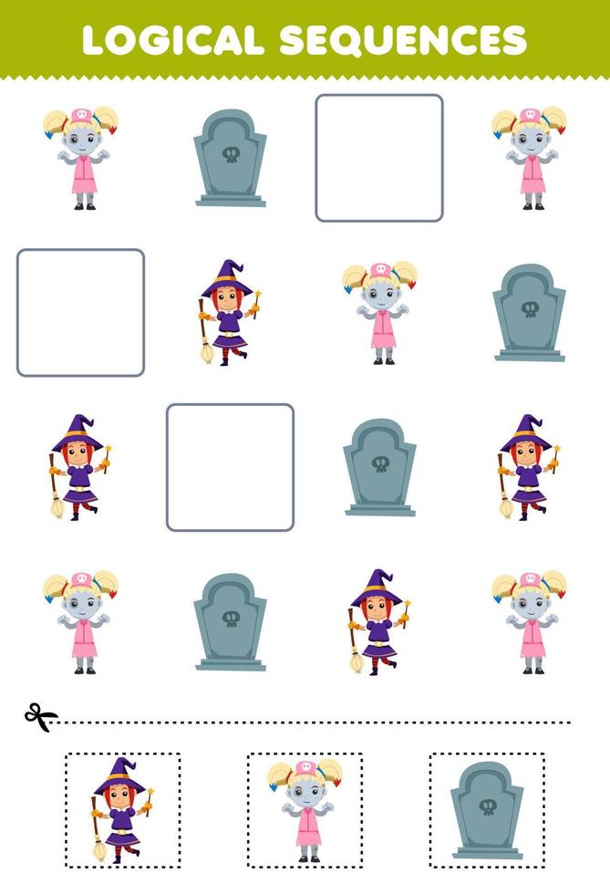 Education game for children logical sequences for kids with cute cartoon tombstone zombie nurse witch picture halloween printable worksheet vector