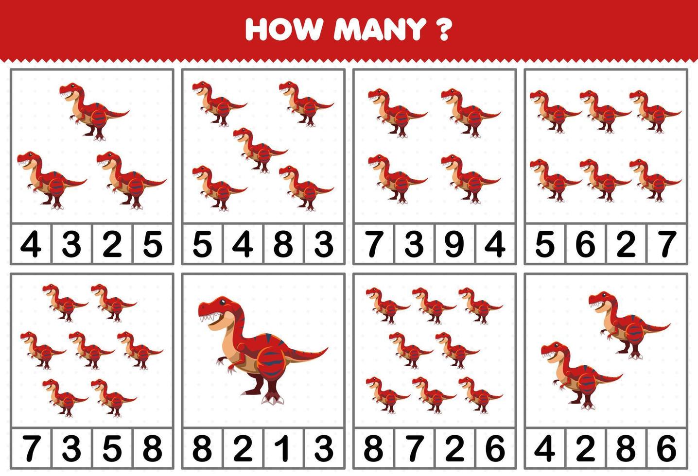 Education game for children counting how many objects in each table of cute cartoon prehistoric dinosaur tyrannosaurus printable worksheet vector