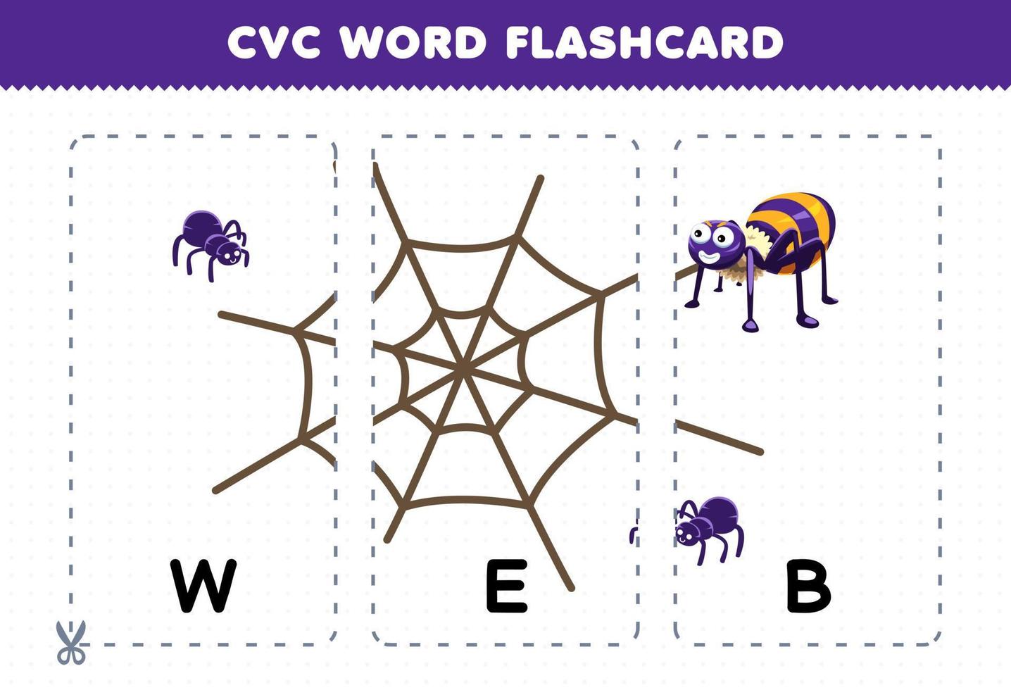 Education game for children learning consonant vowel consonant word with cute cartoon spider WEB illustration printable flashcard vector