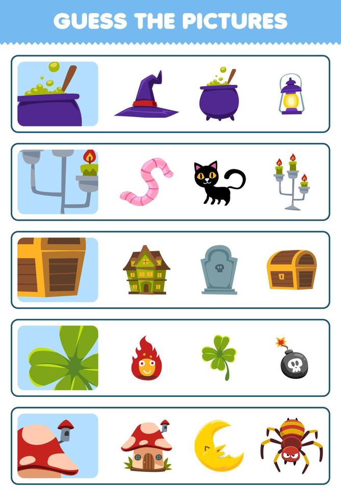 Education game for children guess the correct pictures of cute cartoon cauldron candle chest cloverleaf mushroom house halloween printable worksheet vector