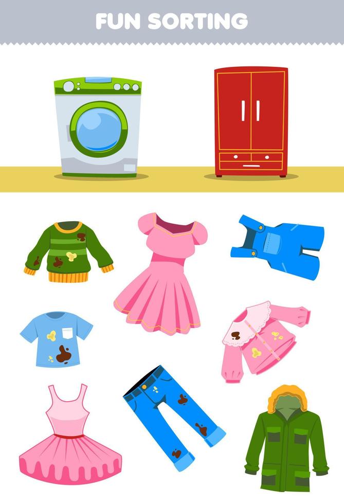 Education game for children fun sorting clean or dirty tutu jean jacket sweater dress blouse t shirt wearable clothes to washing machine or cupboard printable worksheet vector