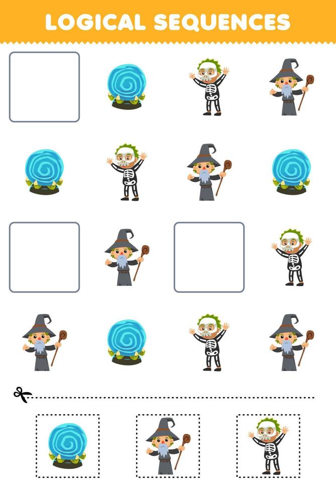 Education game for children logical sequences for kids with cute cartoon magic orb wizard skeleton costume picture halloween printable worksheet vector