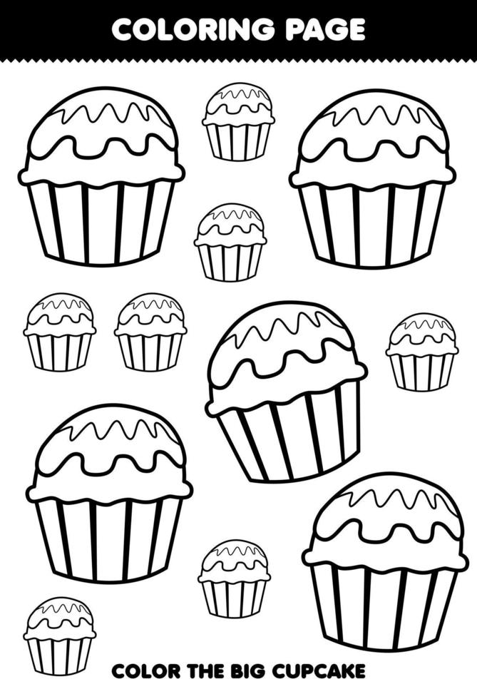 Education game for children coloring page big or small picture of cupcake printable worksheet vector