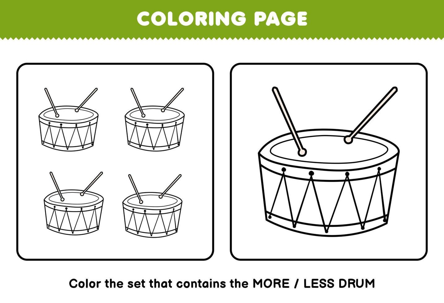juego educativo para niños página para colorear más o menos imagen de dibujos animados instrumento musical tambor línea arte conjunto hoja de trabajo imprimible vector