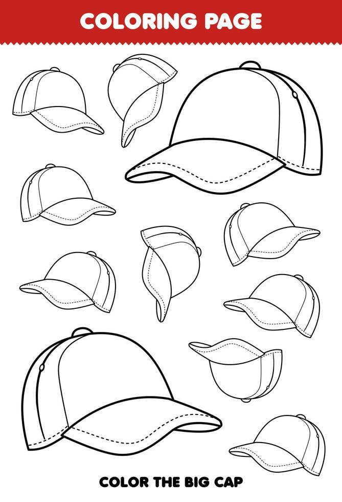 Education game for children coloring page big or small picture of wearable accessories cap line art printable worksheet vector