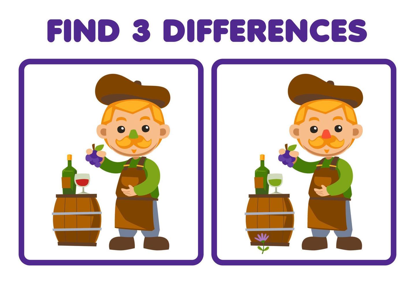 juego educativo para niños encuentra tres diferencias entre dos lindos enólogos de dibujos animados que llevan uva junto a la hoja de trabajo imprimible de la granja de barriles de madera vector
