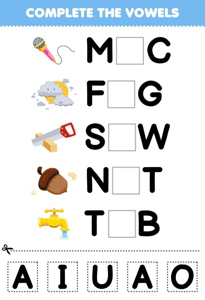 Education game for children complete the vowels of cute cartoon mic fog saw nut tab illustration printable worksheet vector
