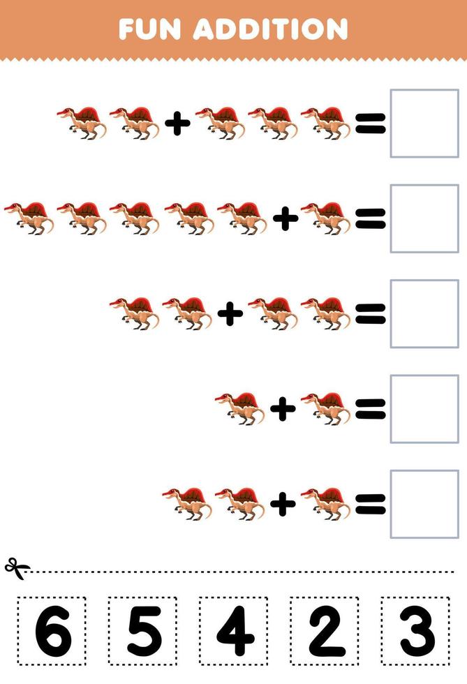 Education game for children fun addition by cut and match correct number for cute cartoon prehistoric dinosaur spinosaurus printable worksheet vector