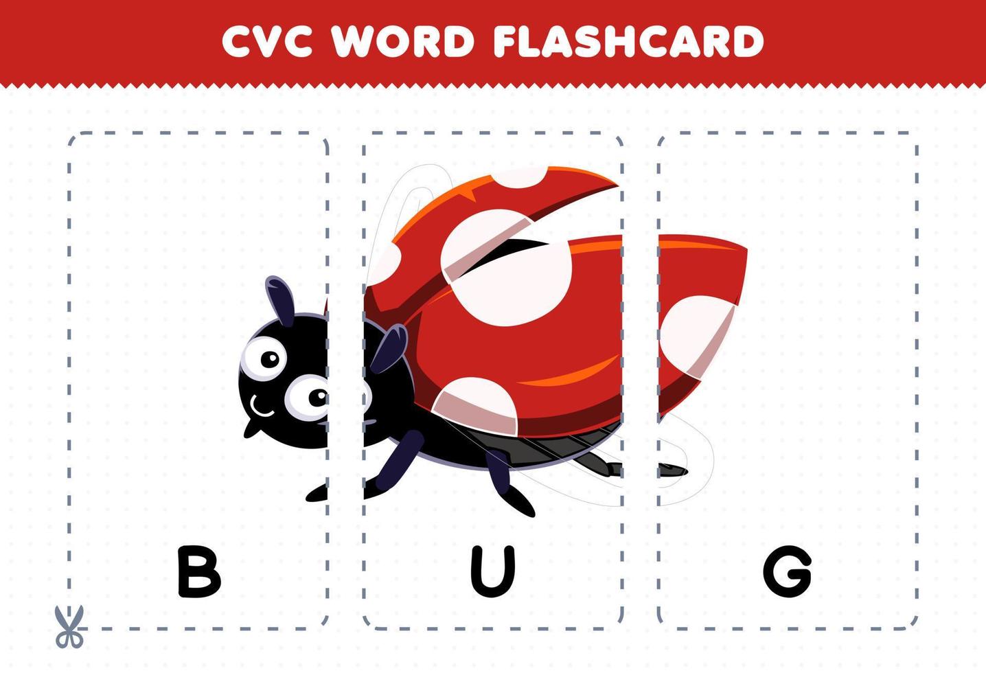 juego de educación para niños que aprenden consonante vocal consonante palabra con lindo insecto de dibujos animados ilustración tarjeta flash imprimible vector