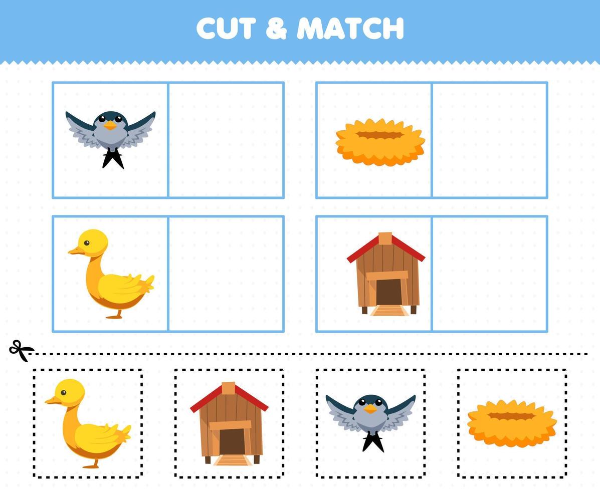 Education game for children cut and match the same picture of cute cartoon bird nest duck coop printable farm worksheet vector