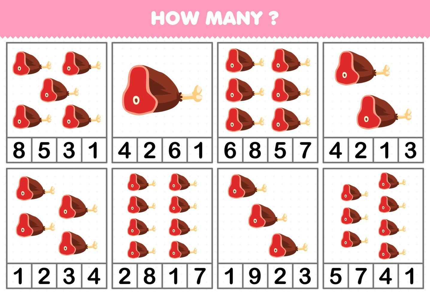 Education game for children counting how many objects in each table of cute cartoon ham meat printable worksheet vector