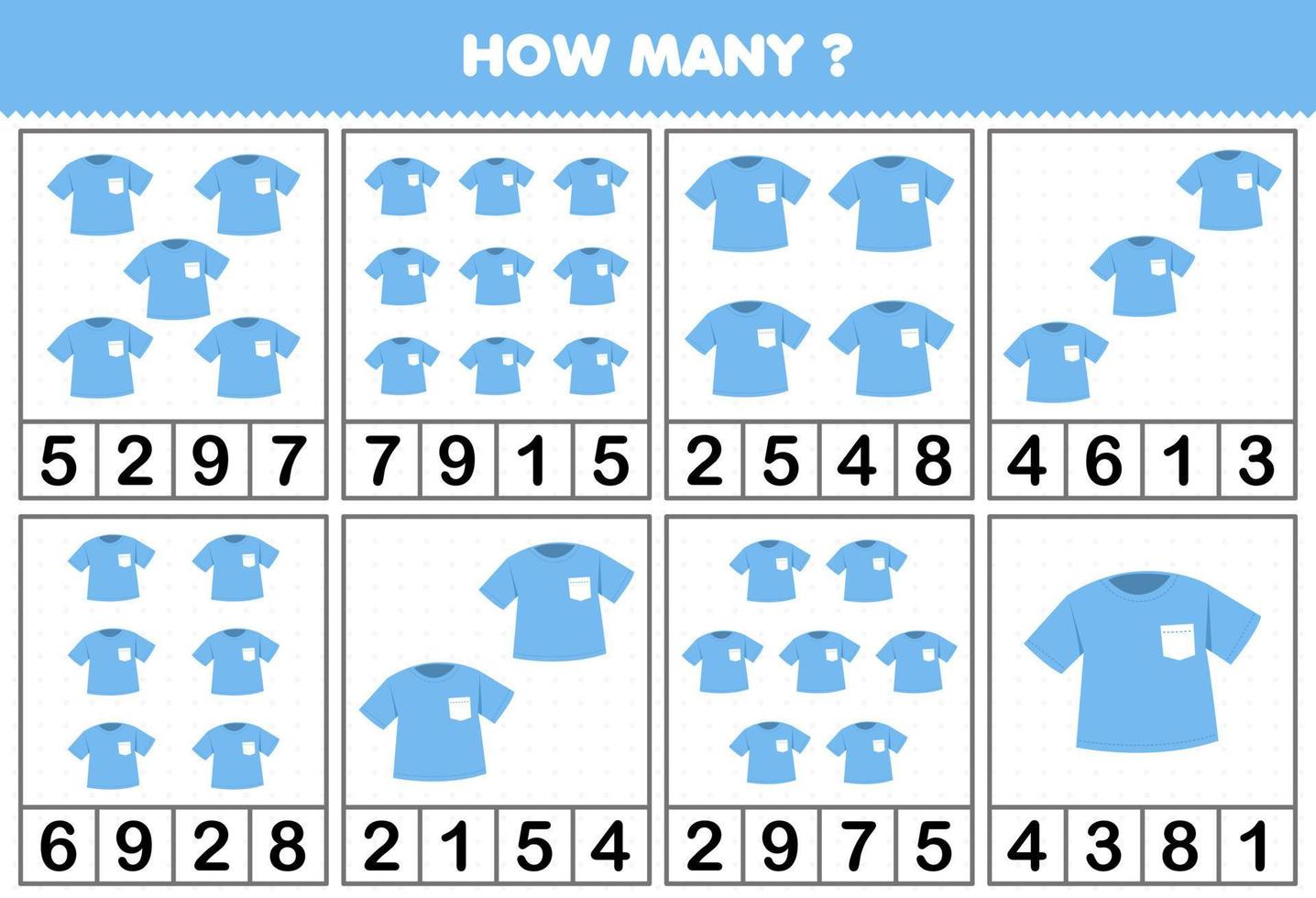 Education game for children counting how many objects in each table of cartoon wearable clothes blue t shirt printable worksheet vector