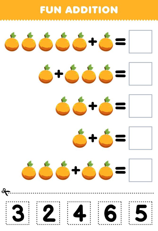 Education game for children fun addition by cut and match correct number for cartoon orange fruit printable worksheet vector