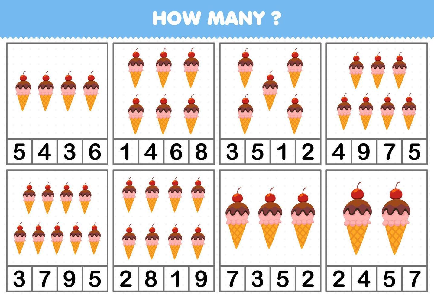 juego educativo para niños contando cuántos objetos en cada mesa de hoja de trabajo imprimible de helado de dibujos animados lindo vector