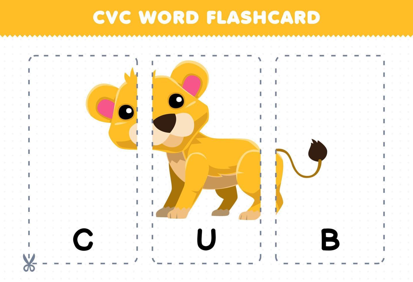 Education game for children learning consonant vowel consonant word with cute cartoon CUB lion illustration printable flashcard vector