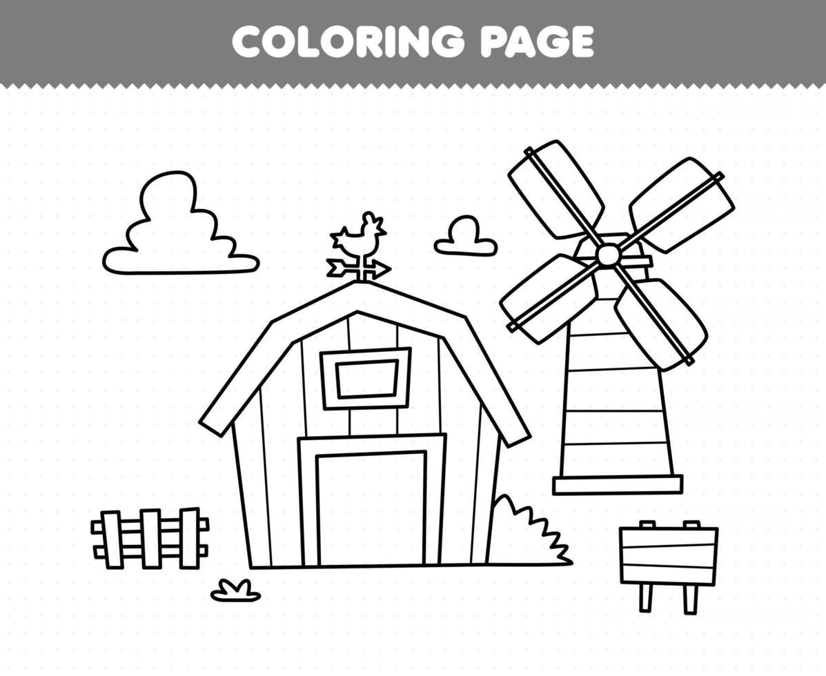 Education game for children coloring page of cute cartoon barn and windmill line art printable farm worksheet vector