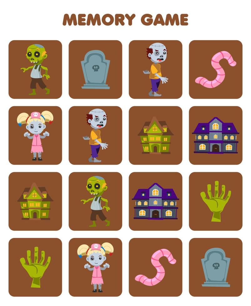 Education game for children memory to find similar pictures of cute cartoon tombstone spooky house worm hand zombie costume halloween printable worksheet vector